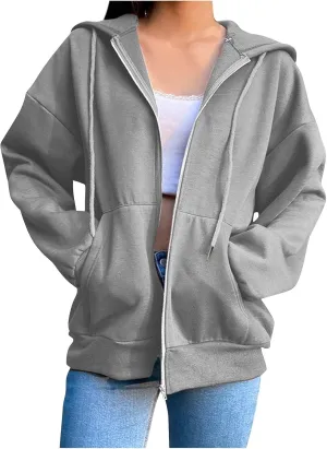GIERIDUC Women's Zip Up Oversized Sweatshirts Fleece Jacket Coat Long Sleeve Casual Hoodies Fall Teen Girls Preppy Clothes