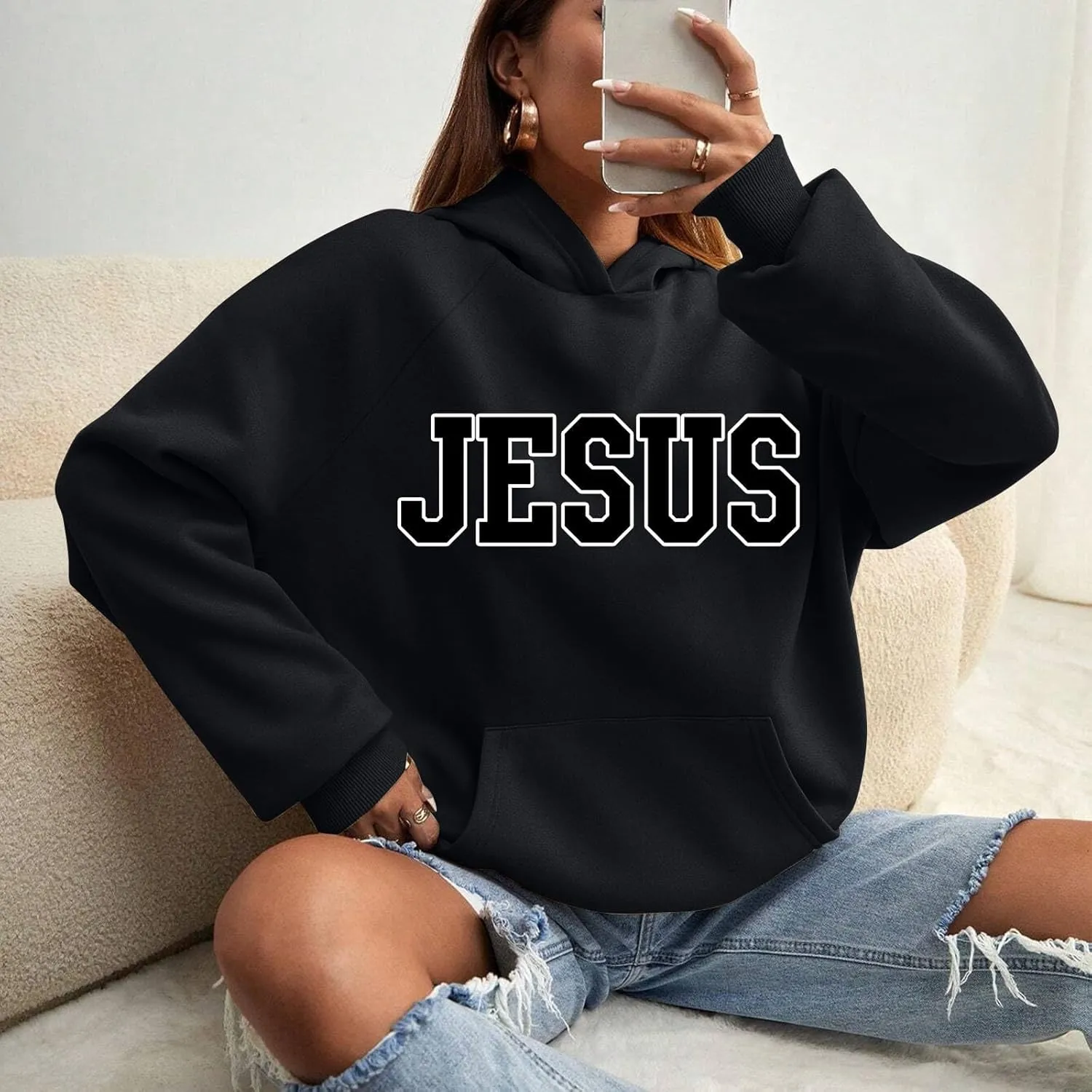 Girls' Fashion Hoodies & Sweatshirts Jesus Letter Print Fall Fleece Winter Outfit with Pocket Long Sleeve Oversize Pullover