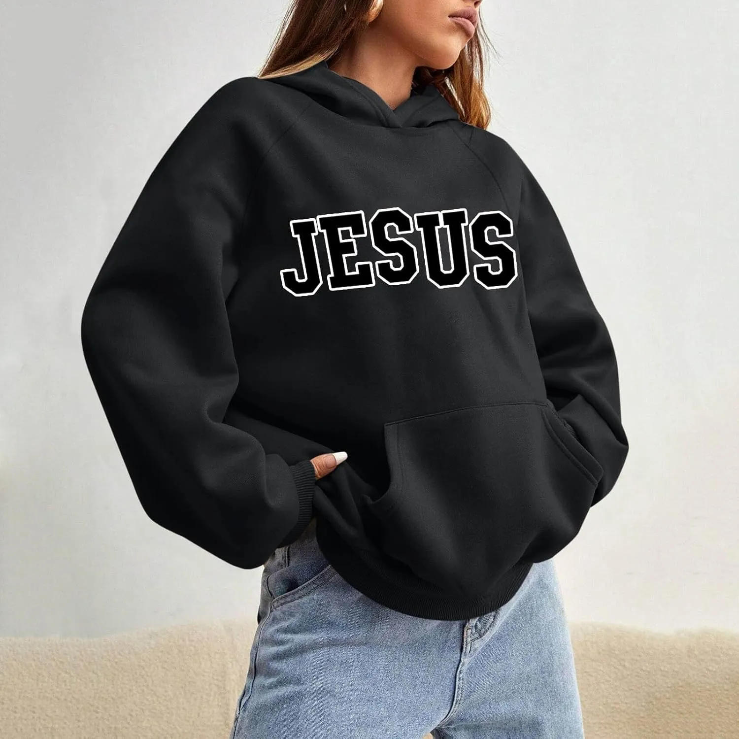 Girls' Fashion Hoodies & Sweatshirts Jesus Letter Print Fall Fleece Winter Outfit with Pocket Long Sleeve Oversize Pullover