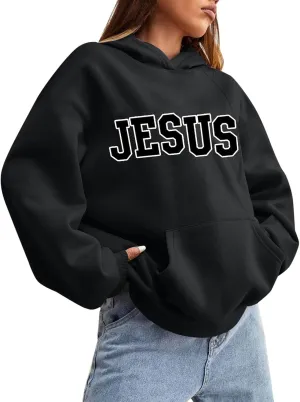 Girls' Fashion Hoodies & Sweatshirts Jesus Letter Print Fall Fleece Winter Outfit with Pocket Long Sleeve Oversize Pullover
