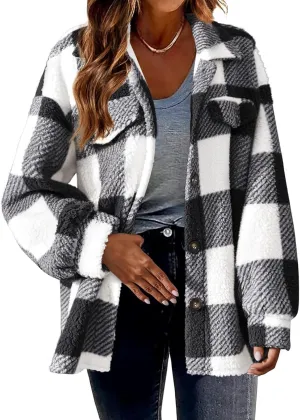 GOFULY Winter Jackets For Women Fleece Plaid Button Up Fashion Long Cardigan Sweaters For Women Trendy 2024 Fall Warm Winter Wool Coats For Women Xs Fall Loose Fit Womens Tops Plus Size Black S