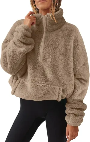 Half Zip Pullover Women Sherpa Fleece Jacket Long Sleeve Sweatshirt Fuzzy Sweater Teddy Bear Jacket Winter Clothes