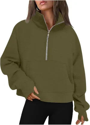 Half Zip Sweatshirts for Women Cropped Fleece Pullover Tops Thumb Hole Long Sleeve Hoodies Winter Clothes Sweaters