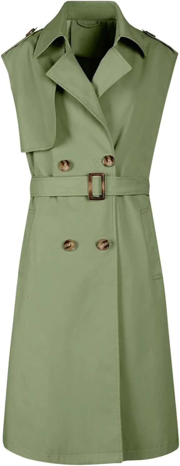 HGps8w Women's Chic Sleeveless Long Trench Coats Classic Lapel Double Breasted Mid-Length Belted Overcoat Dress Jacket
