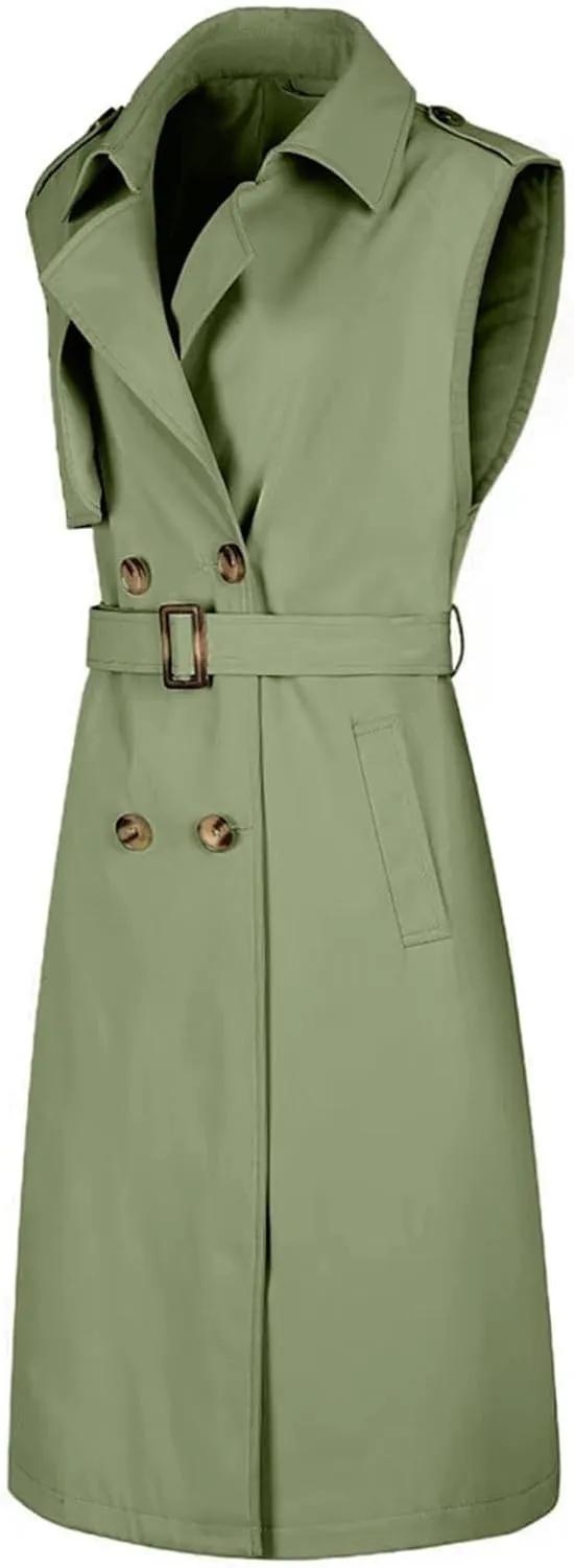 HGps8w Women's Chic Sleeveless Long Trench Coats Classic Lapel Double Breasted Mid-Length Belted Overcoat Dress Jacket