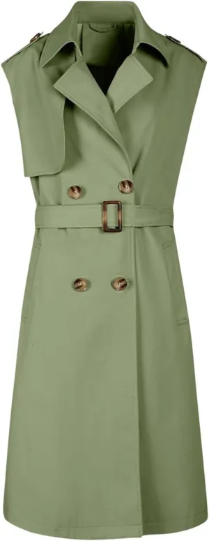 HGps8w Women's Chic Sleeveless Long Trench Coats Classic Lapel Double Breasted Mid-Length Belted Overcoat Dress Jacket