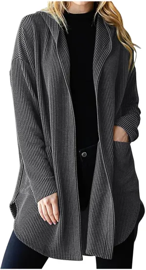 HGps8w Women's Ribbed Knit Hooded Cardigans Open Front Button Up Long Sleeve Fall Winter Sweater Coat Outerwear with Pockets