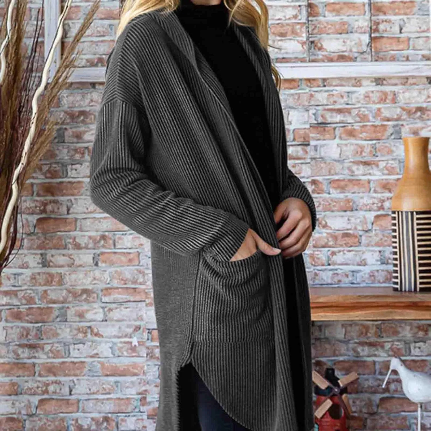 HGps8w Women's Ribbed Knit Hooded Cardigans Open Front Button Up Long Sleeve Fall Winter Sweater Coat Outerwear with Pockets