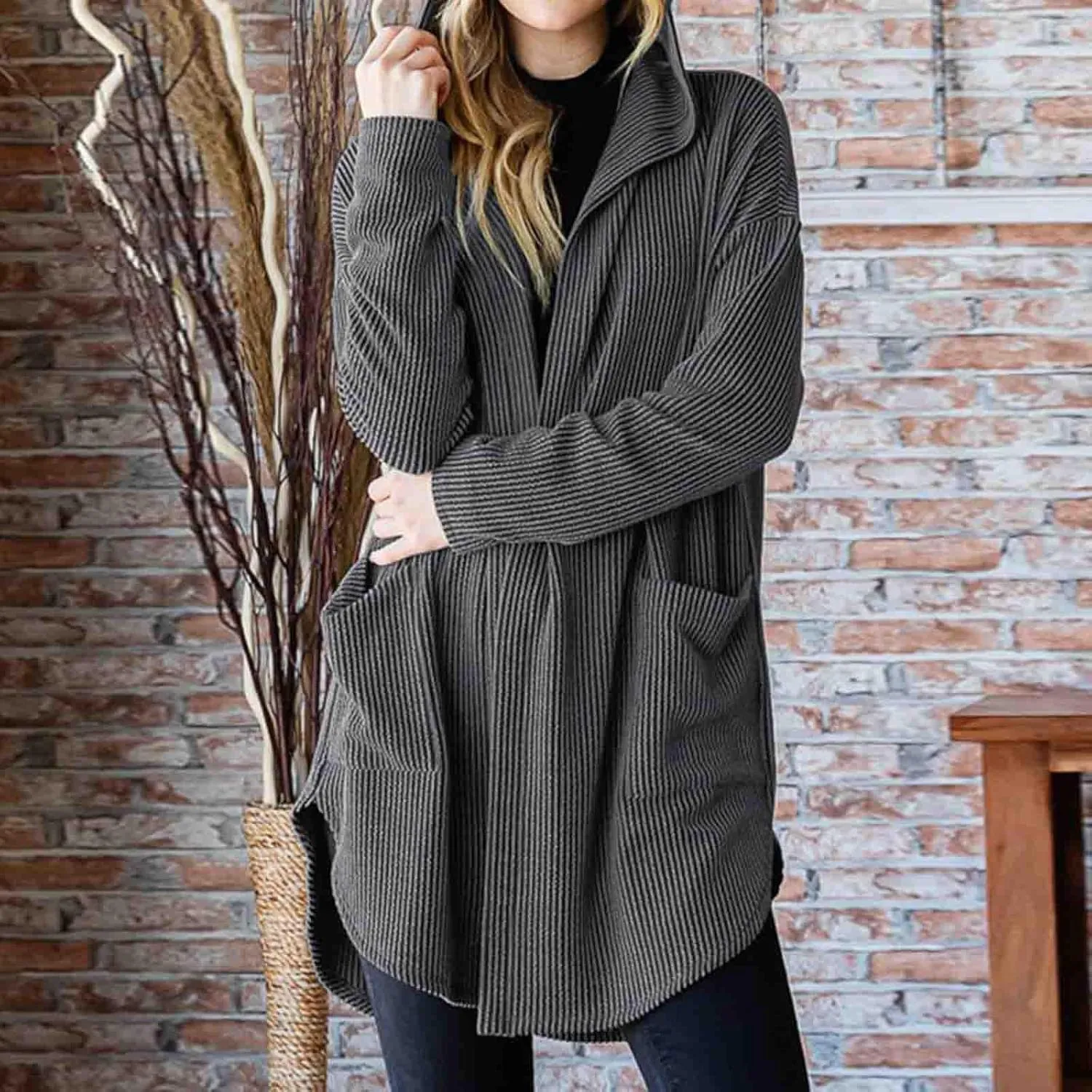 HGps8w Women's Ribbed Knit Hooded Cardigans Open Front Button Up Long Sleeve Fall Winter Sweater Coat Outerwear with Pockets
