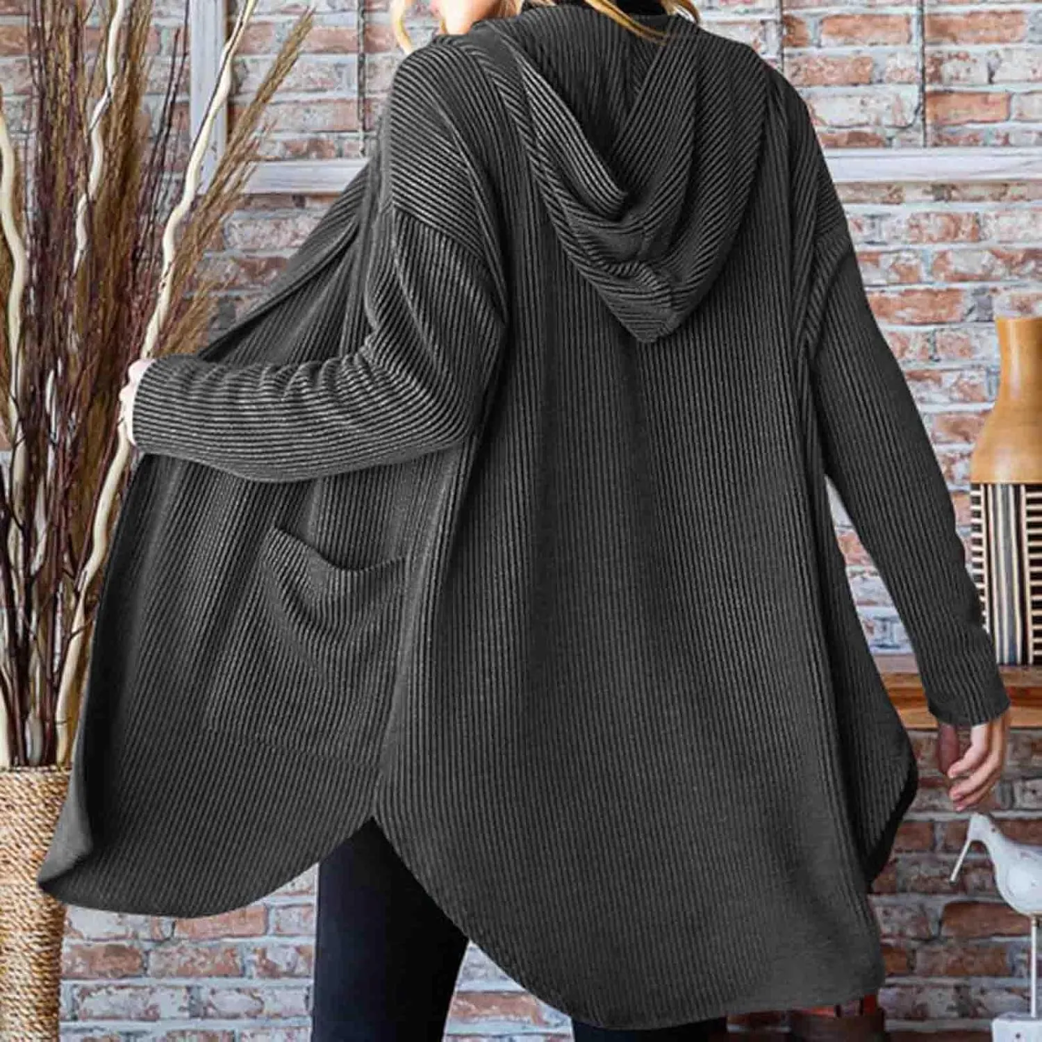 HGps8w Women's Ribbed Knit Hooded Cardigans Open Front Button Up Long Sleeve Fall Winter Sweater Coat Outerwear with Pockets