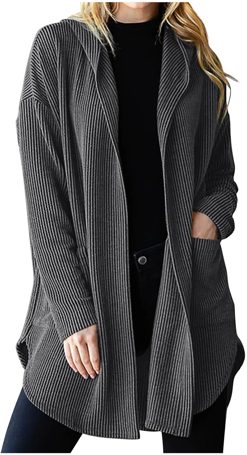HGps8w Women's Ribbed Knit Hooded Cardigans Open Front Button Up Long Sleeve Fall Winter Sweater Coat Outerwear with Pockets