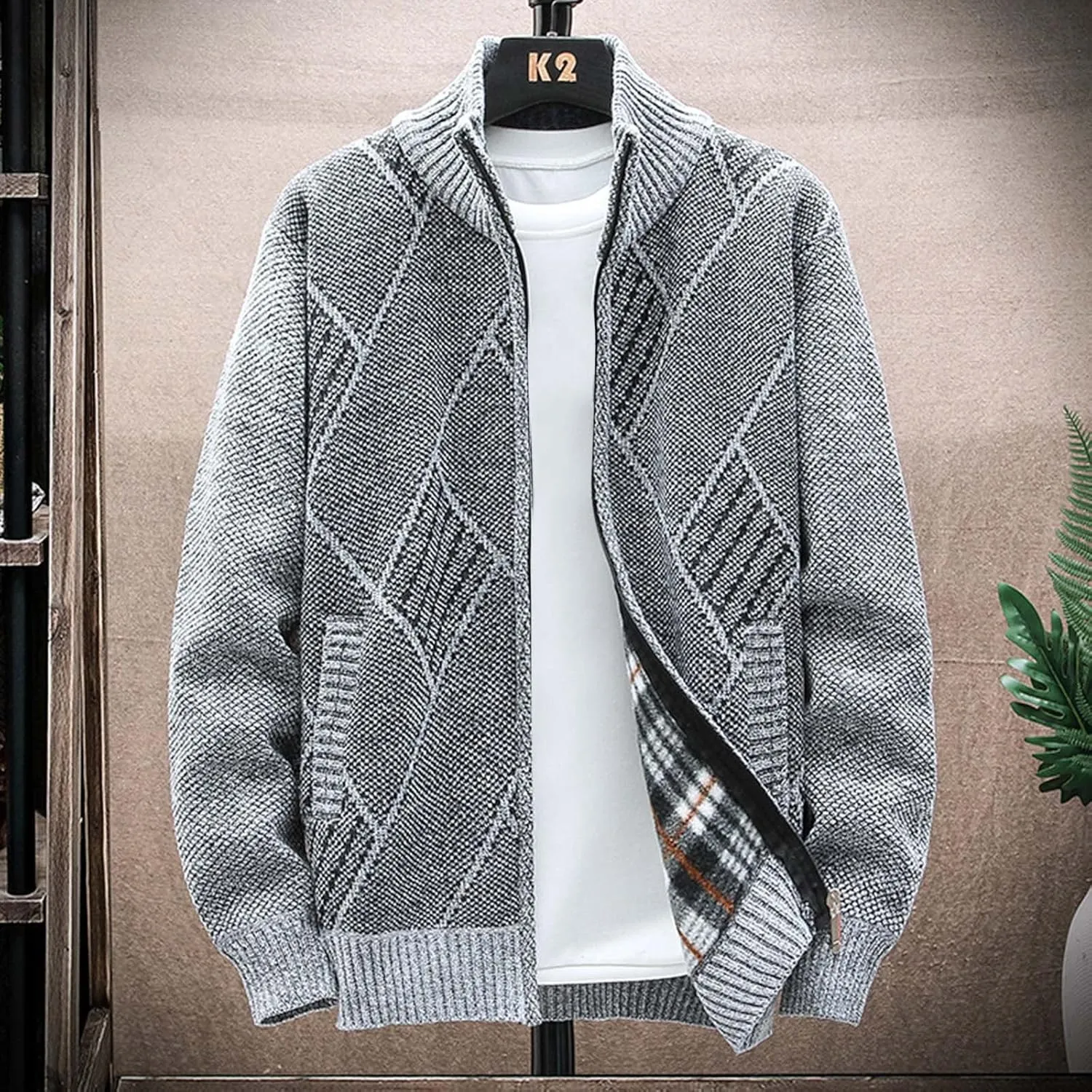 hlysgo Men's Cardigan Sweaters Casual Slim Fit Full Zip Sweaters Cable Knitted Jacket Outwear with Soft Flannel Lining