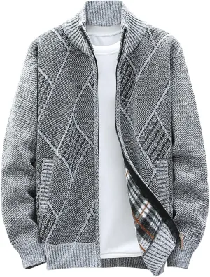 hlysgo Men's Cardigan Sweaters Casual Slim Fit Full Zip Sweaters Cable Knitted Jacket Outwear with Soft Flannel Lining