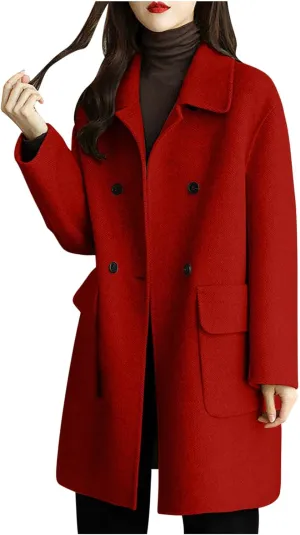 hlysgo Women's Fall Jackets Notch Lapel Double Breasted Wool Blend Mid Long Pea Trench Coat Plus Size Outwear with Pockets