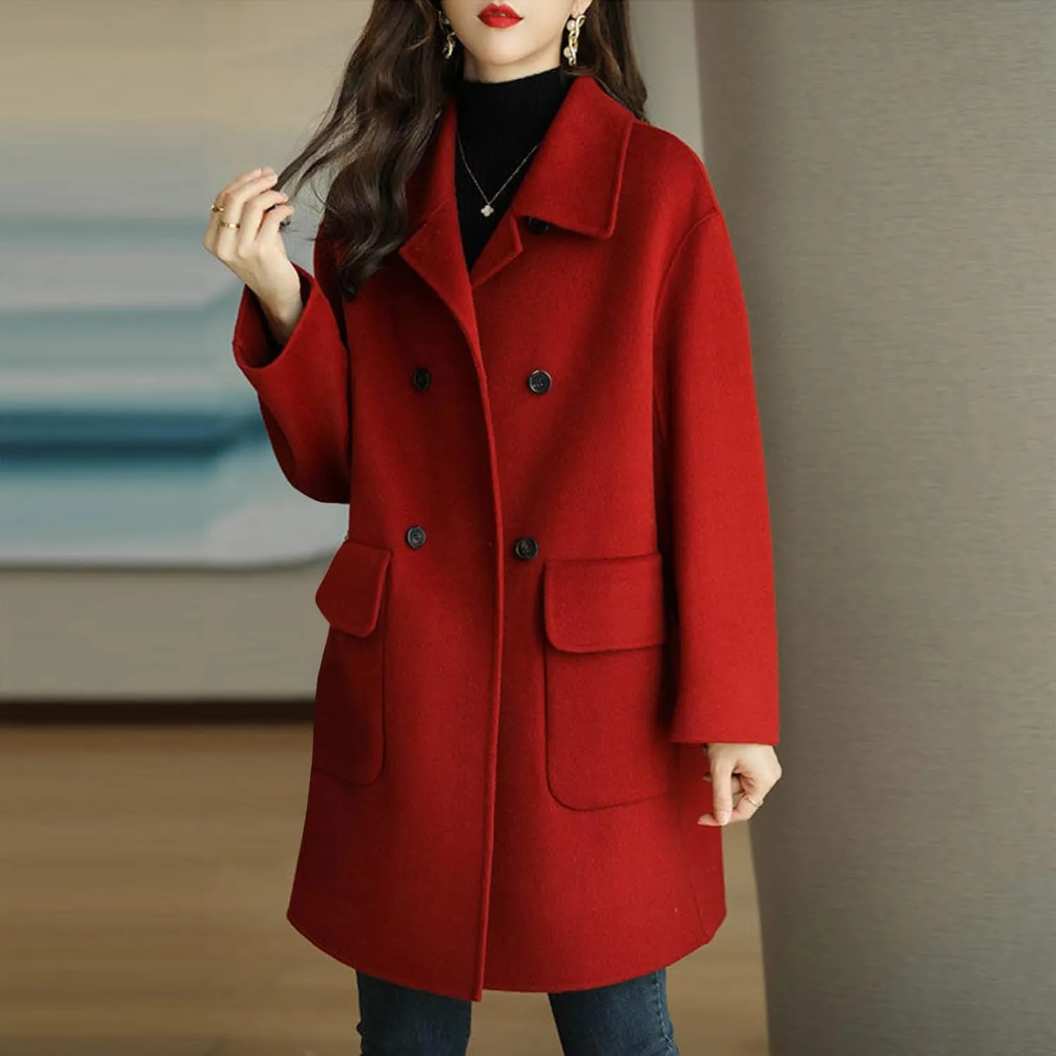 hlysgo Women's Fall Jackets Notch Lapel Double Breasted Wool Blend Mid Long Pea Trench Coat Plus Size Outwear with Pockets