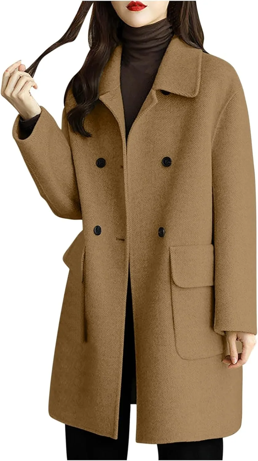 hlysgo Women's Fall Jackets Notch Lapel Double Breasted Wool Blend Mid Long Pea Trench Coat Plus Size Outwear with Pockets