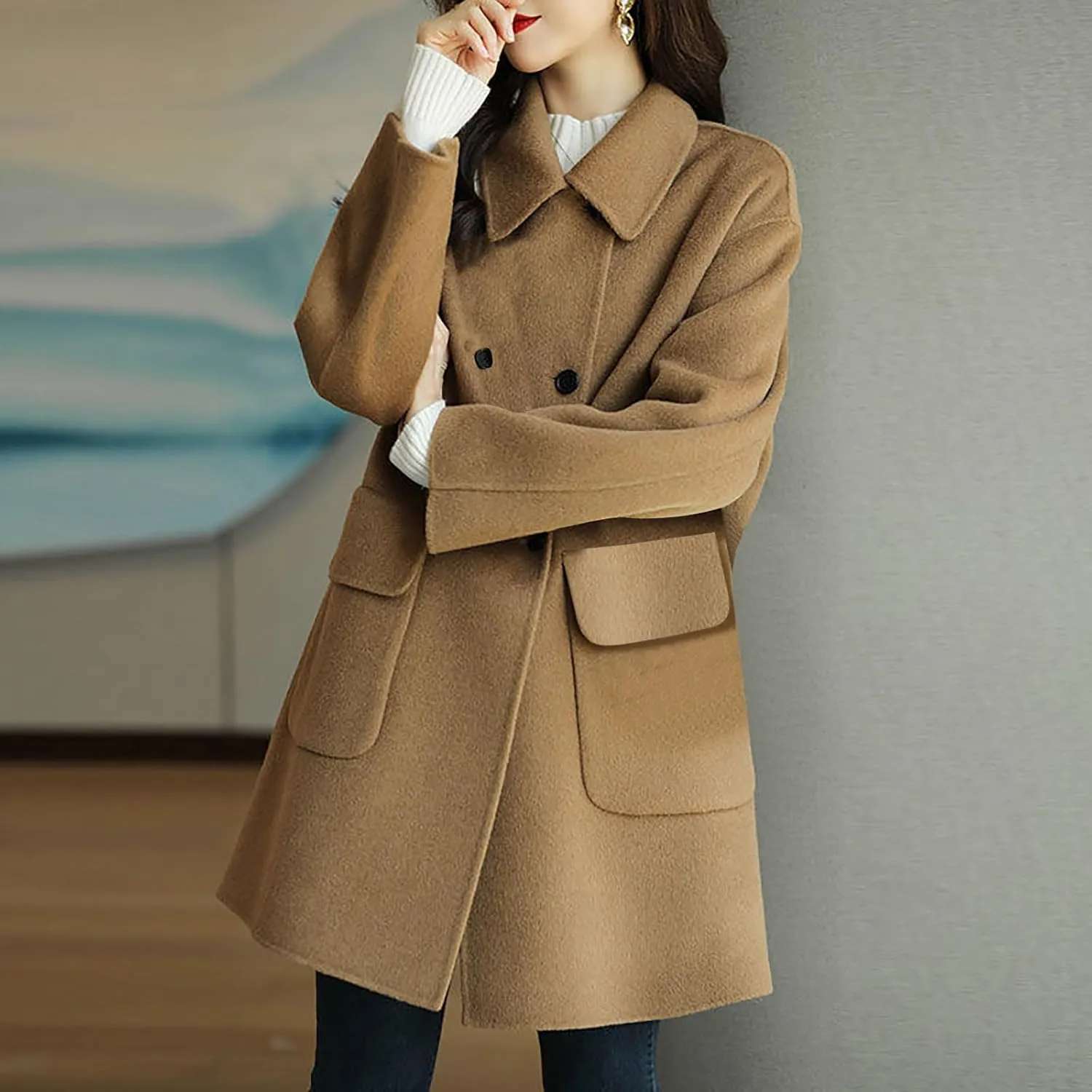 hlysgo Women's Fall Jackets Notch Lapel Double Breasted Wool Blend Mid Long Pea Trench Coat Plus Size Outwear with Pockets