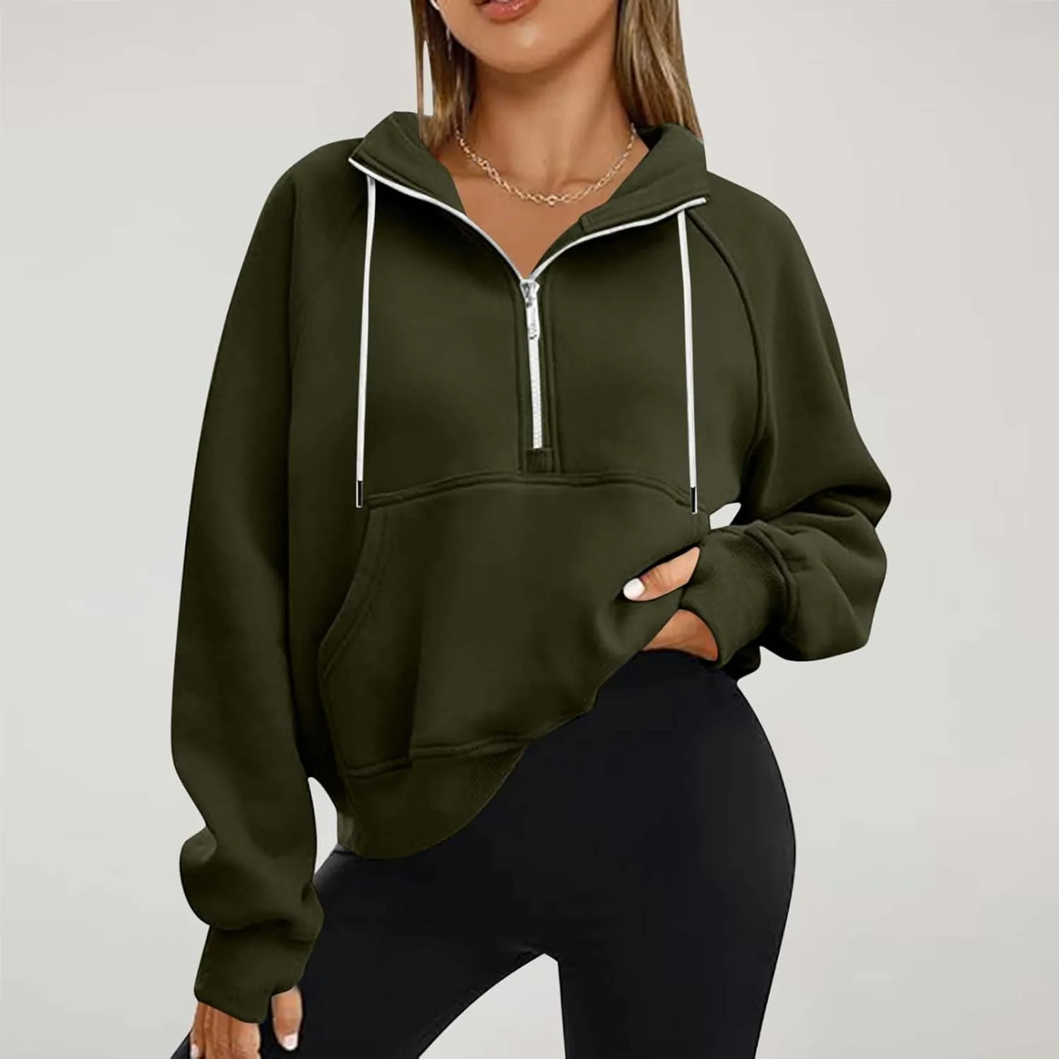 hlysgo Womens Half Zip Cropped Pullover Hoodies Fleece Quarter Zipper Hoodie Sweatshirts Fall Winter Clothes Thumb Hole