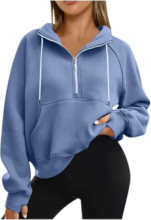 hlysgo Womens Half Zip Cropped Pullover Hoodies Fleece Quarter Zipper Hoodie Sweatshirts Fall Winter Clothes Thumb Hole