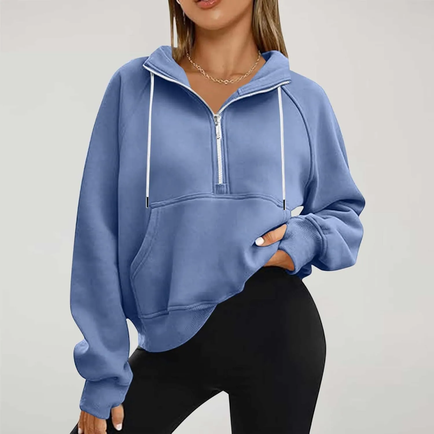 hlysgo Womens Half Zip Cropped Pullover Hoodies Fleece Quarter Zipper Hoodie Sweatshirts Fall Winter Clothes Thumb Hole