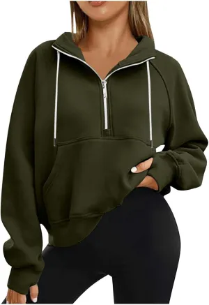 hlysgo Womens Half Zip Cropped Pullover Hoodies Fleece Quarter Zipper Hoodie Sweatshirts Fall Winter Clothes Thumb Hole