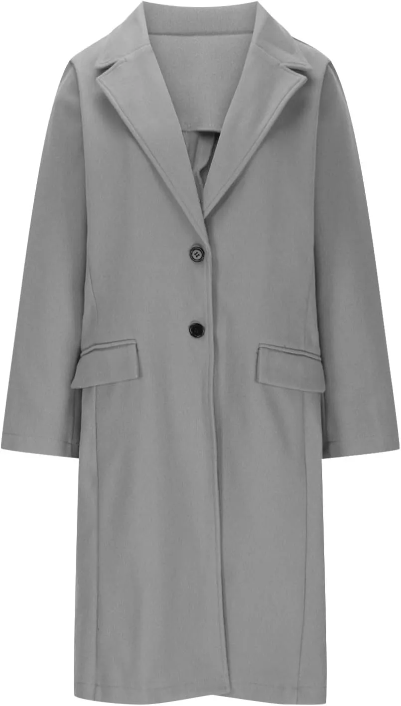 hlysgo Women's Notch Lapel Peacoat Single Breasted Wool Blend Mid Long Trench Coat Long Sleeve Business Casual Overcoat