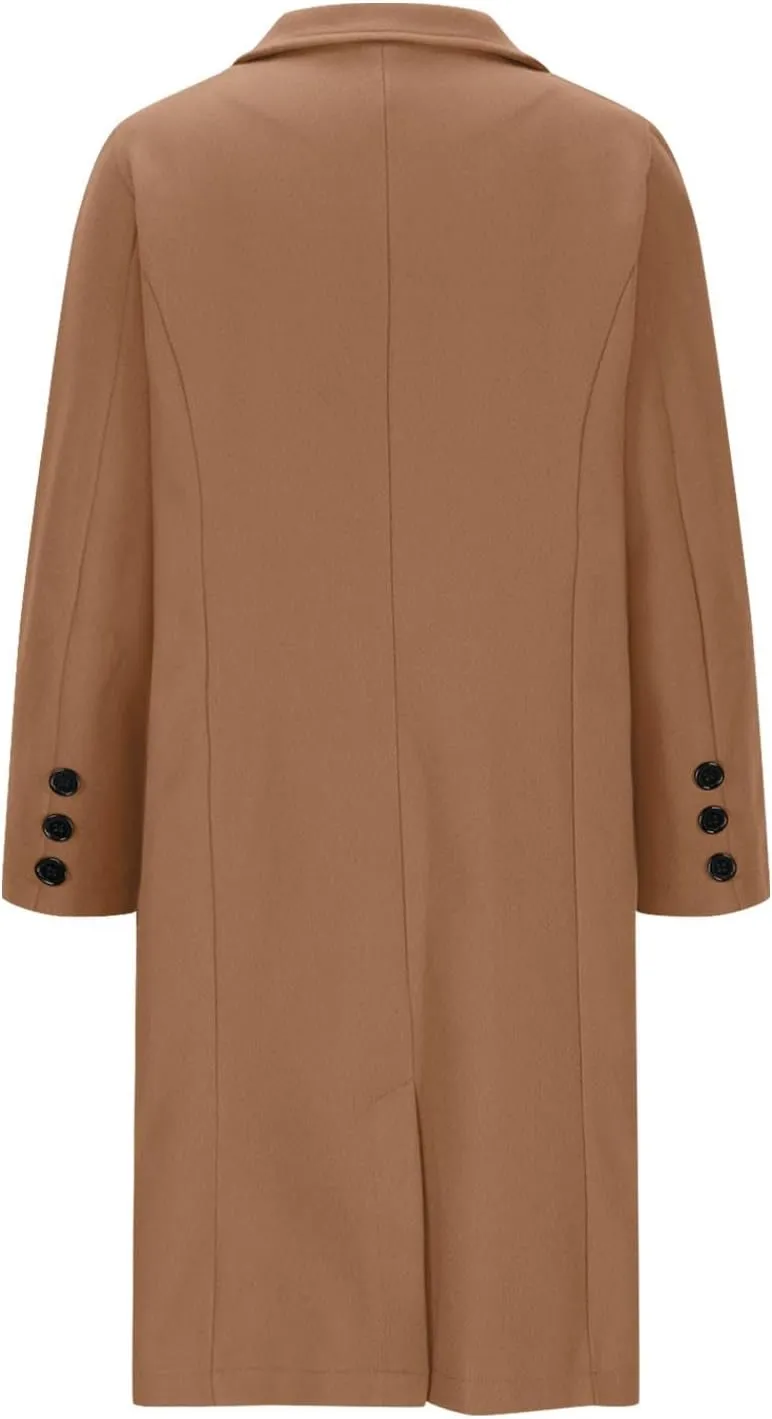 hlysgo Women's Notch Lapel Peacoat Single Breasted Wool Blend Mid Long Trench Coat Long Sleeve Business Casual Overcoat