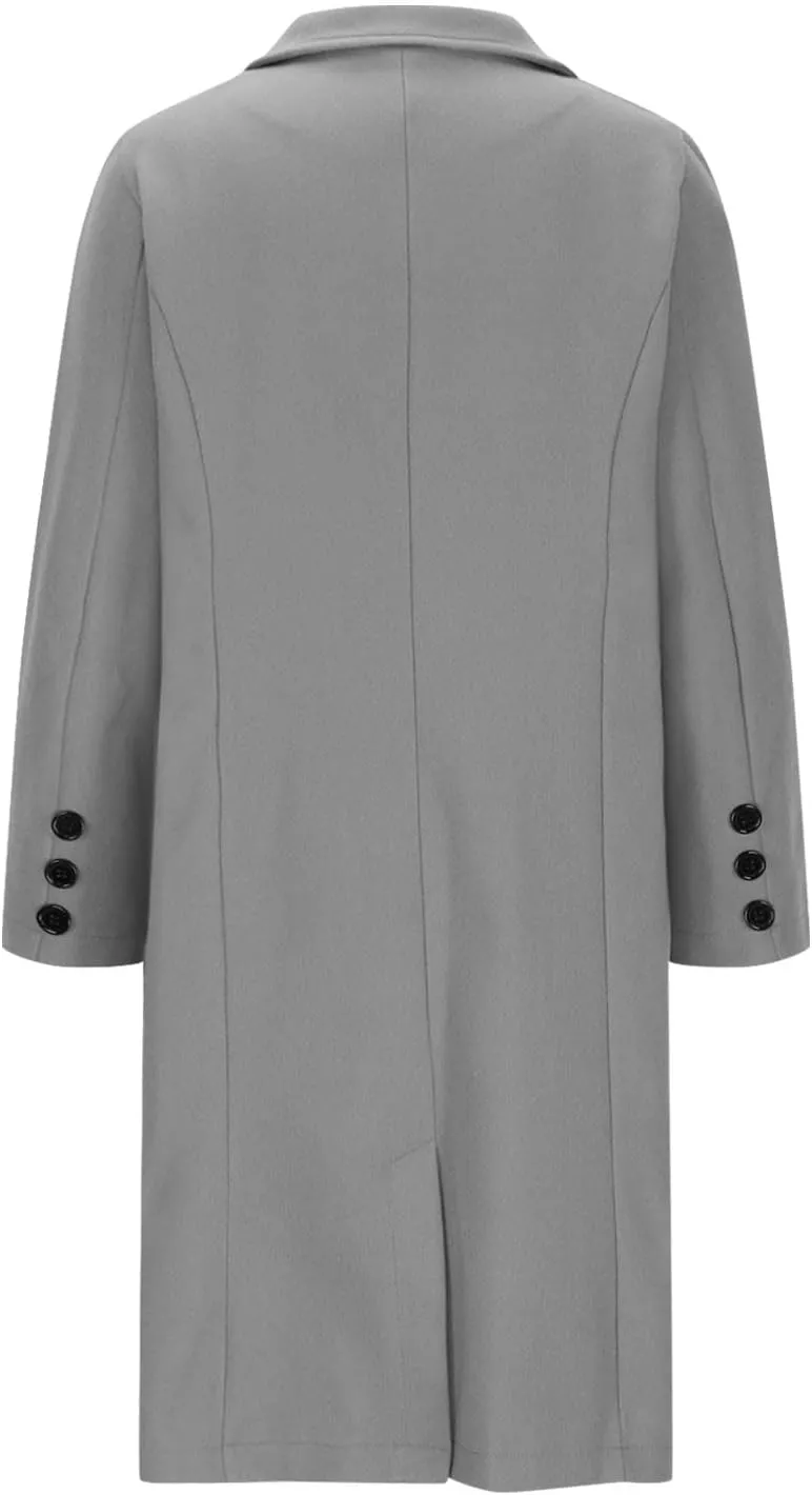 hlysgo Women's Notch Lapel Peacoat Single Breasted Wool Blend Mid Long Trench Coat Long Sleeve Business Casual Overcoat