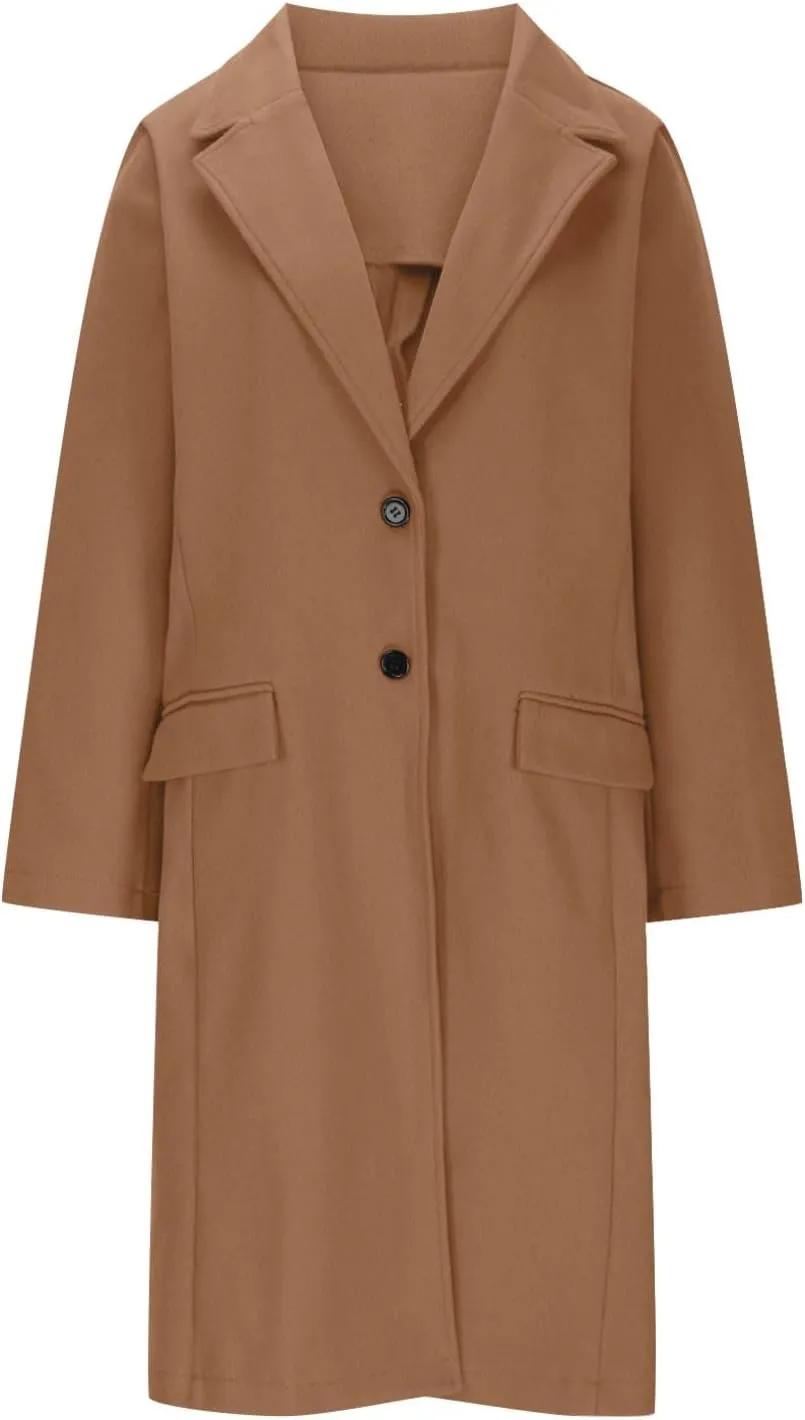 hlysgo Women's Notch Lapel Peacoat Single Breasted Wool Blend Mid Long Trench Coat Long Sleeve Business Casual Overcoat