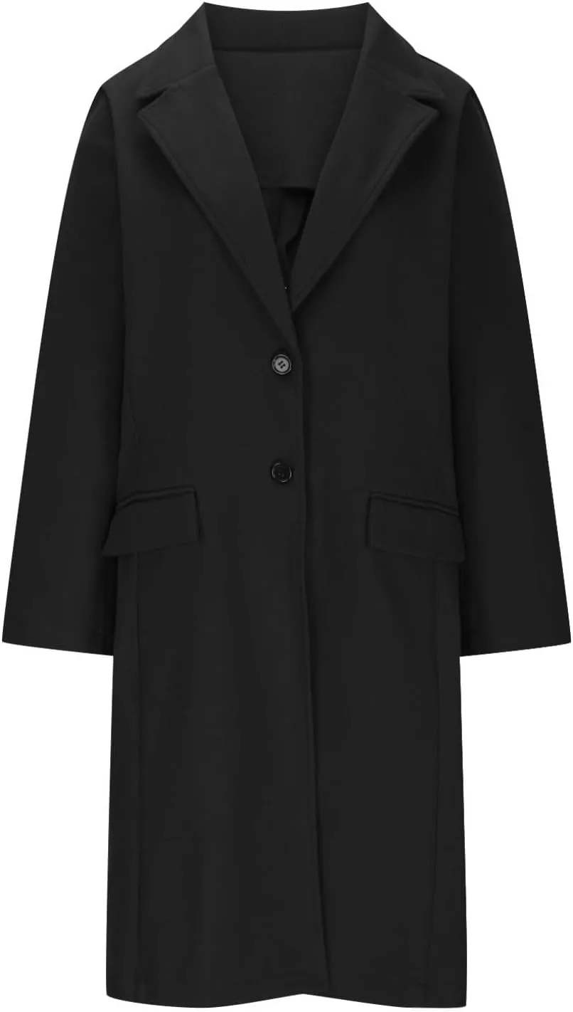 hlysgo Women's Notch Lapel Peacoat Single Breasted Wool Blend Mid Long Trench Coat Long Sleeve Business Casual Overcoat