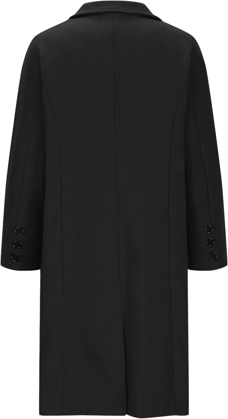 hlysgo Women's Notch Lapel Peacoat Single Breasted Wool Blend Mid Long Trench Coat Long Sleeve Business Casual Overcoat