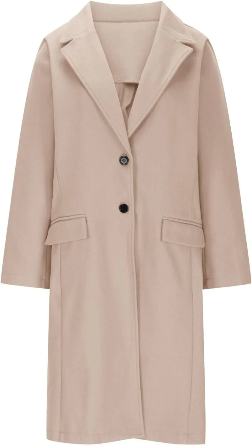 hlysgo Women's Notch Lapel Peacoat Single Breasted Wool Blend Mid Long Trench Coat Long Sleeve Business Casual Overcoat