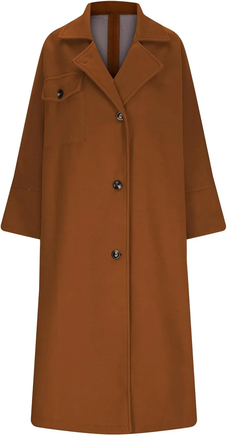 hlysgo Womens Notched Lapel Collar Single Breasted Pea Coat Winter Wool Blend Over Coats Long Jackets Loose Trench Coat