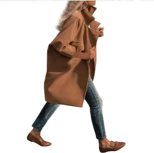 hlysgo Womens Notched Lapel Collar Single Breasted Pea Coat Winter Wool Blend Over Coats Long Jackets Loose Trench Coat
