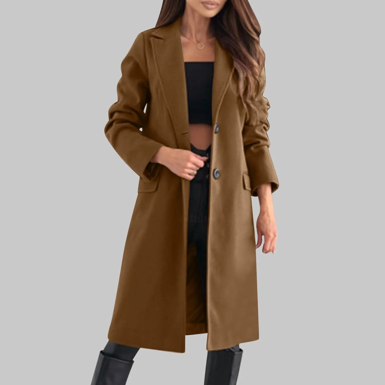 hlysgo Women's Winter Coat Single Breasted Wool Blend Peacoat Long Sleeve Notch Lapel Mid-Long Trench Coat Jacket Outwear