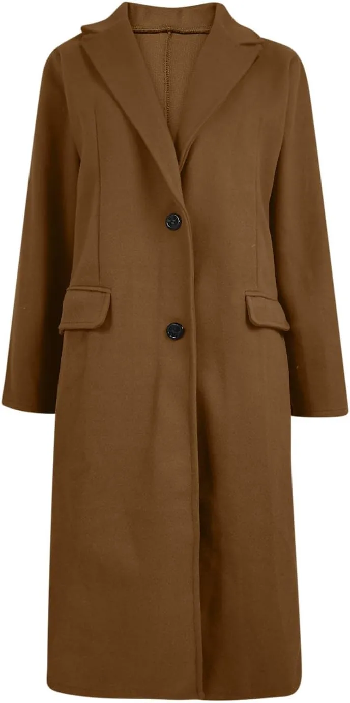hlysgo Women's Winter Coat Single Breasted Wool Blend Peacoat Long Sleeve Notch Lapel Mid-Long Trench Coat Jacket Outwear
