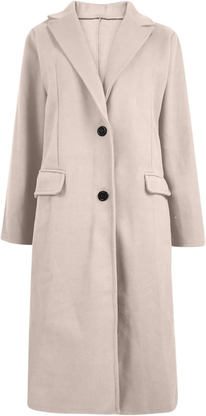 hlysgo Women's Winter Coat Single Breasted Wool Blend Peacoat Long Sleeve Notch Lapel Mid-Long Trench Coat Jacket Outwear