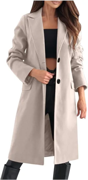 hlysgo Women's Winter Coat Single Breasted Wool Blend Peacoat Long Sleeve Notch Lapel Mid-Long Trench Coat Jacket Outwear