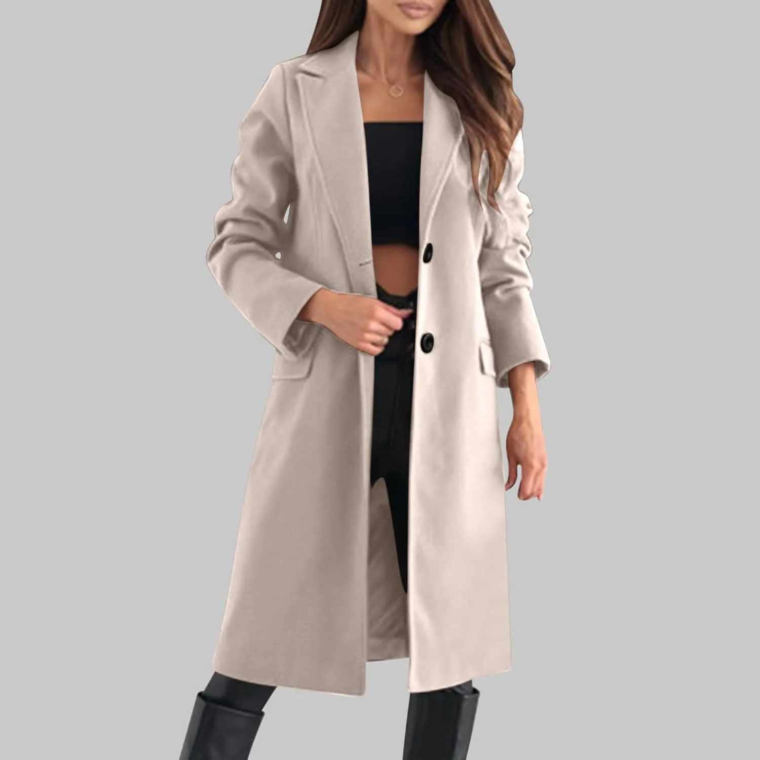 hlysgo Women's Winter Coat Single Breasted Wool Blend Peacoat Long Sleeve Notch Lapel Mid-Long Trench Coat Jacket Outwear