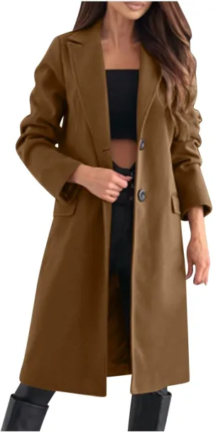 hlysgo Women's Winter Coat Single Breasted Wool Blend Peacoat Long Sleeve Notch Lapel Mid-Long Trench Coat Jacket Outwear