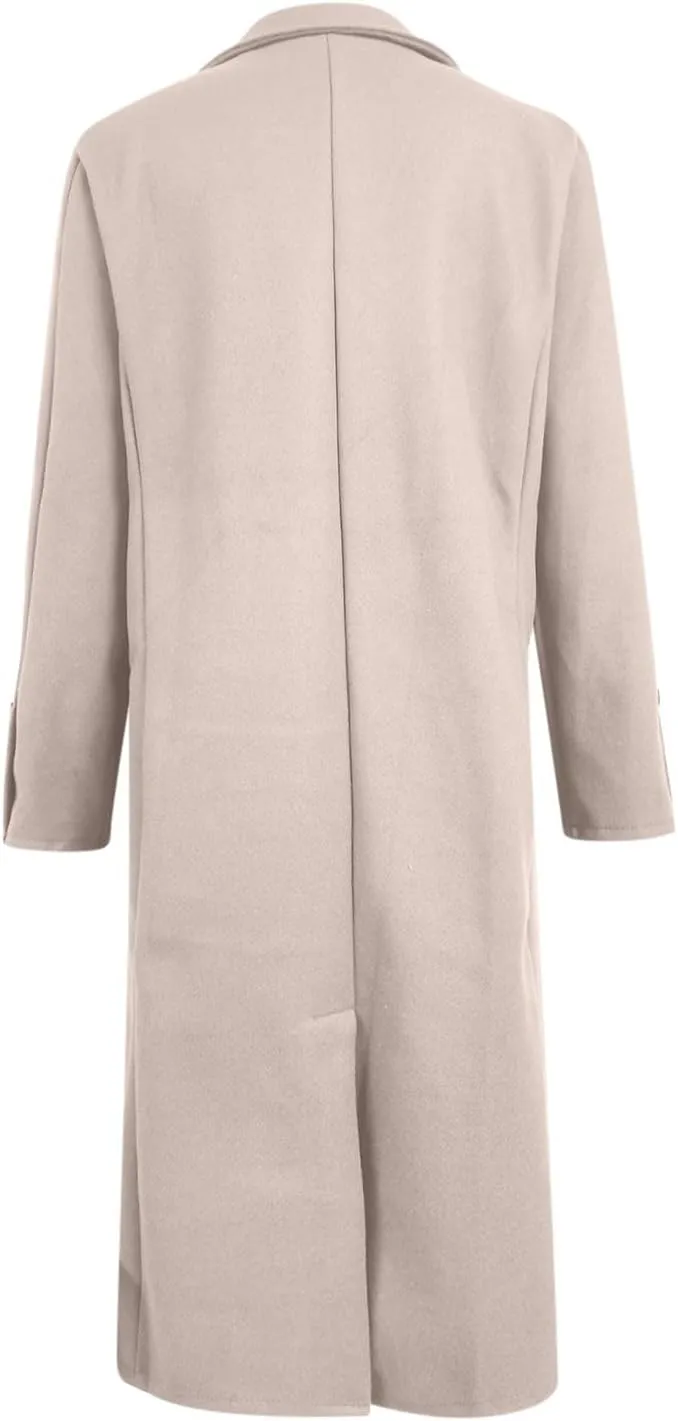 hlysgo Women's Winter Coat Single Breasted Wool Blend Peacoat Long Sleeve Notch Lapel Mid-Long Trench Coat Jacket Outwear