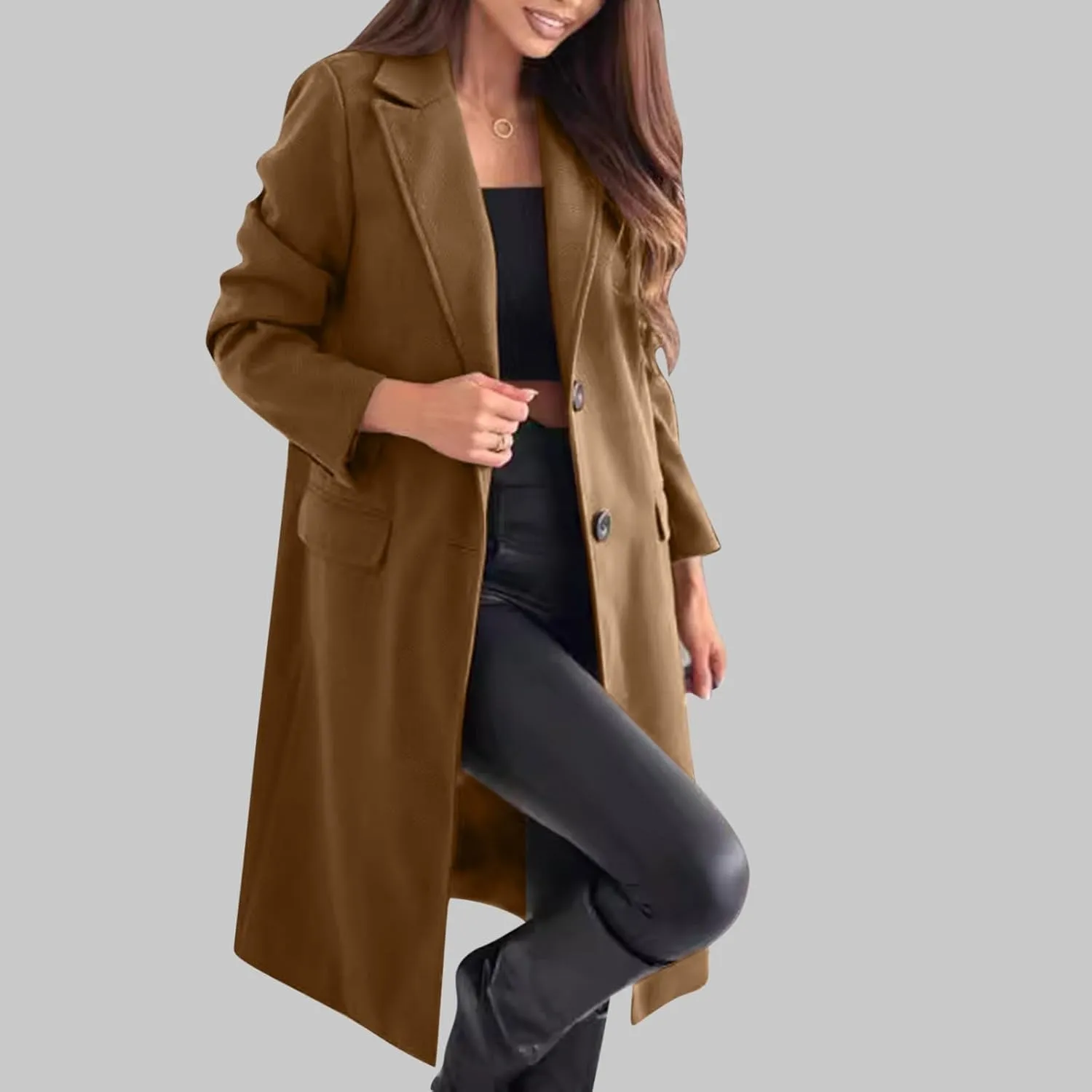 hlysgo Women's Winter Coat Single Breasted Wool Blend Peacoat Long Sleeve Notch Lapel Mid-Long Trench Coat Jacket Outwear