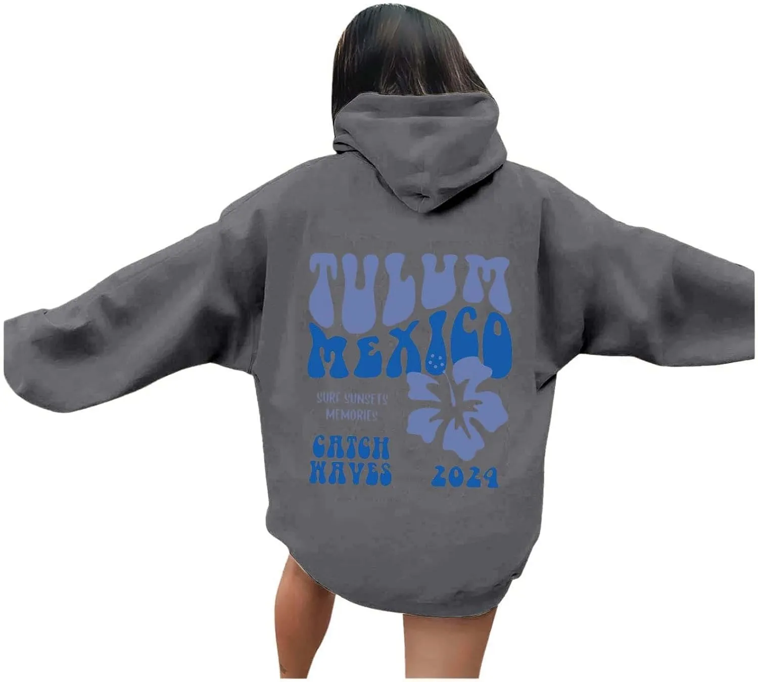 Hoodie Women Casual Letter Floral Print Hooded Sweatshirt With Drawstring Hoodies For Teen Girls Oversized Hoodies