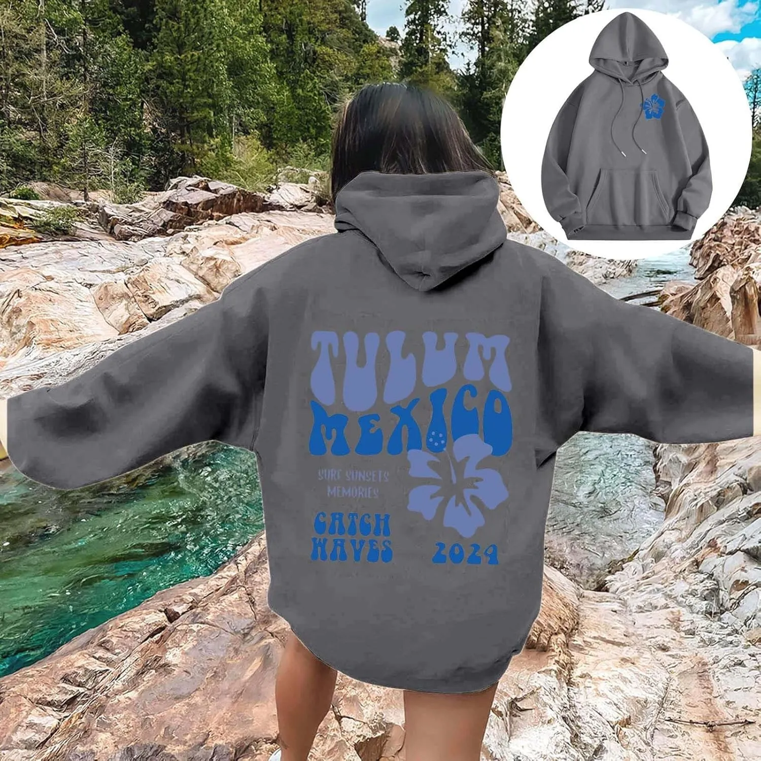 Hoodie Women Casual Letter Floral Print Hooded Sweatshirt With Drawstring Hoodies For Teen Girls Oversized Hoodies