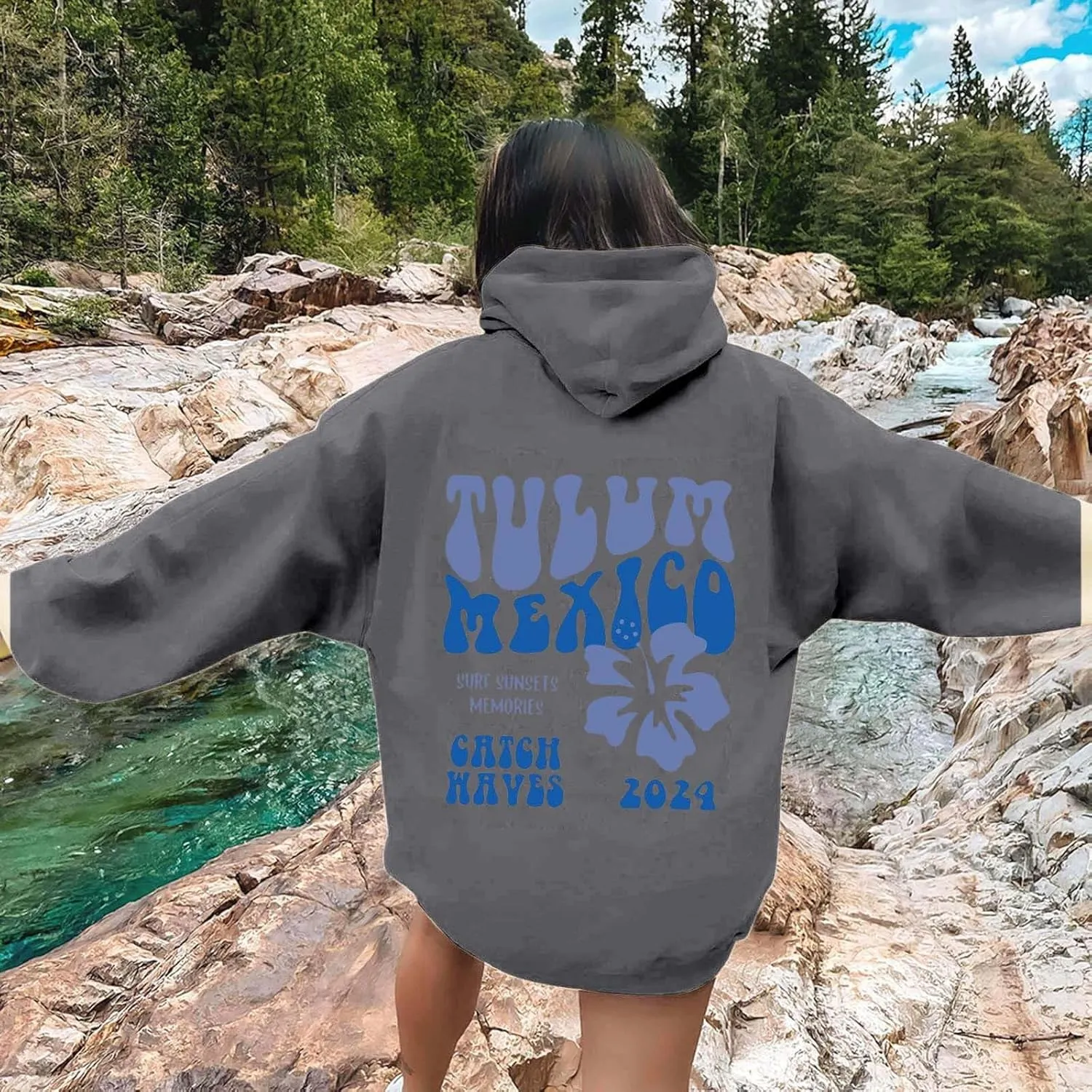 Hoodie Women Casual Letter Floral Print Hooded Sweatshirt With Drawstring Hoodies For Teen Girls Oversized Hoodies