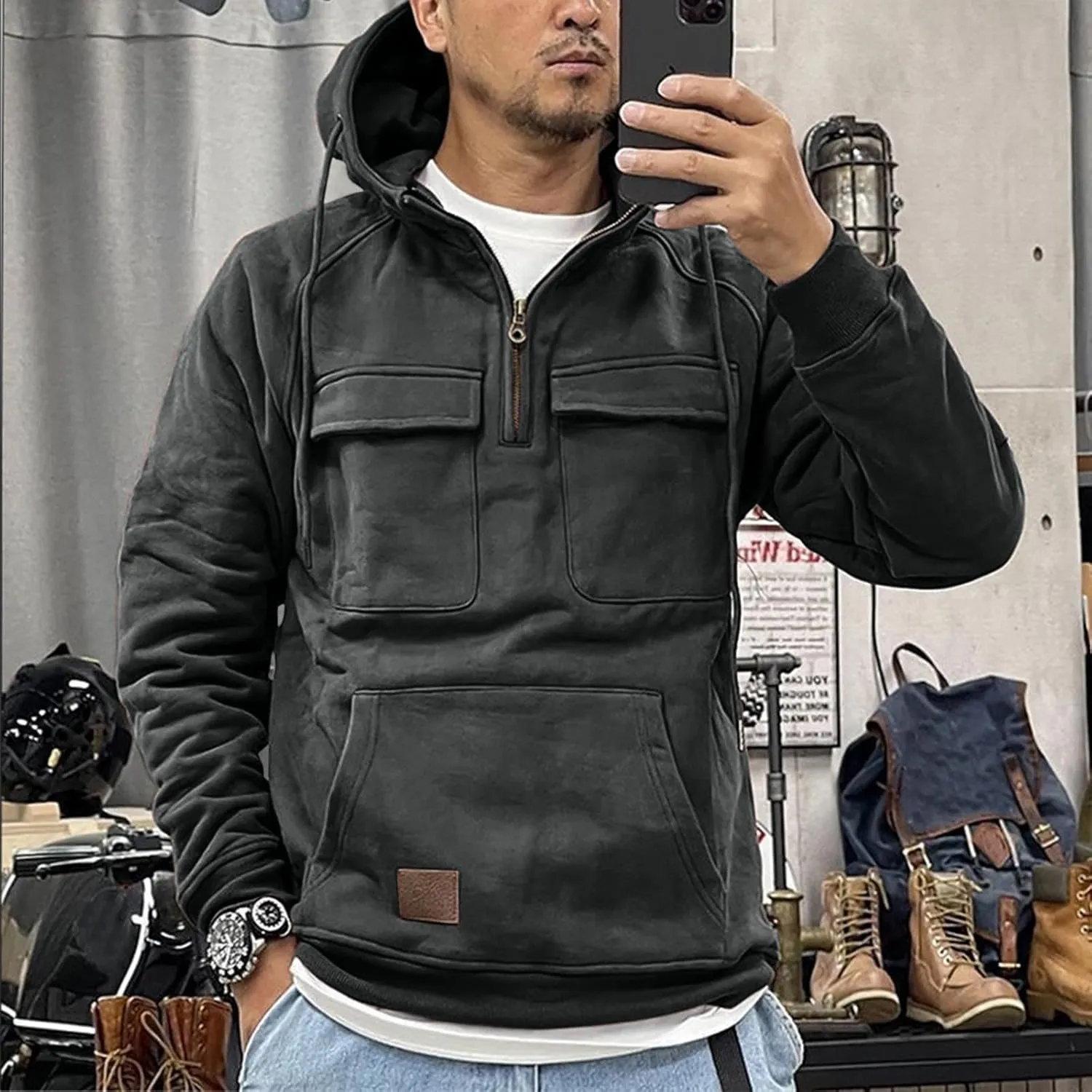 Hoodies for Men Long Sleeve 1/4 Zip Fashion Pullover Athletic Tactical Workout Jacket Fit Sweatshirts with Pockets