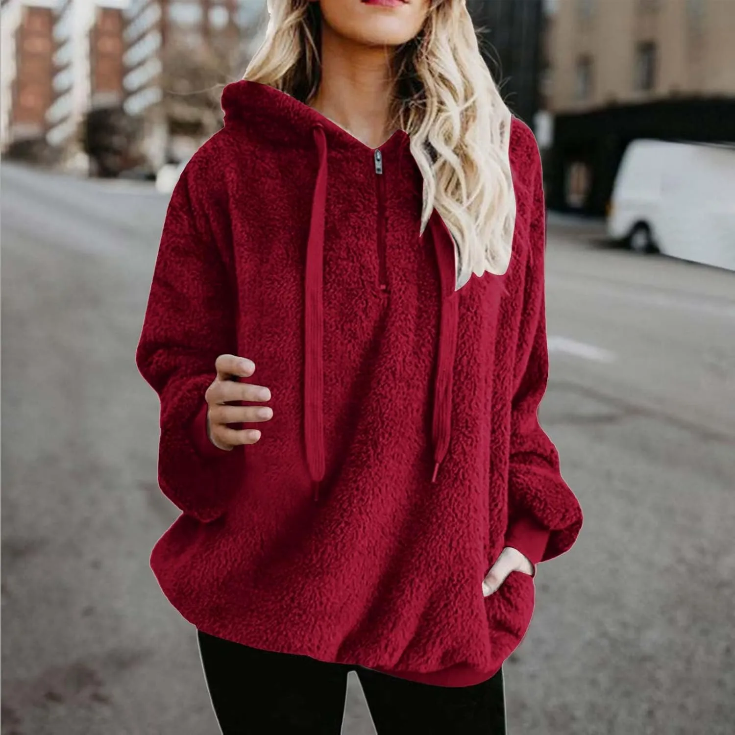 Hoodies for Women Athletic Fuzzy Oversized Long Sleeve Sweatshirt Drawstring Fleece Winter Warm Clothes With Pockets