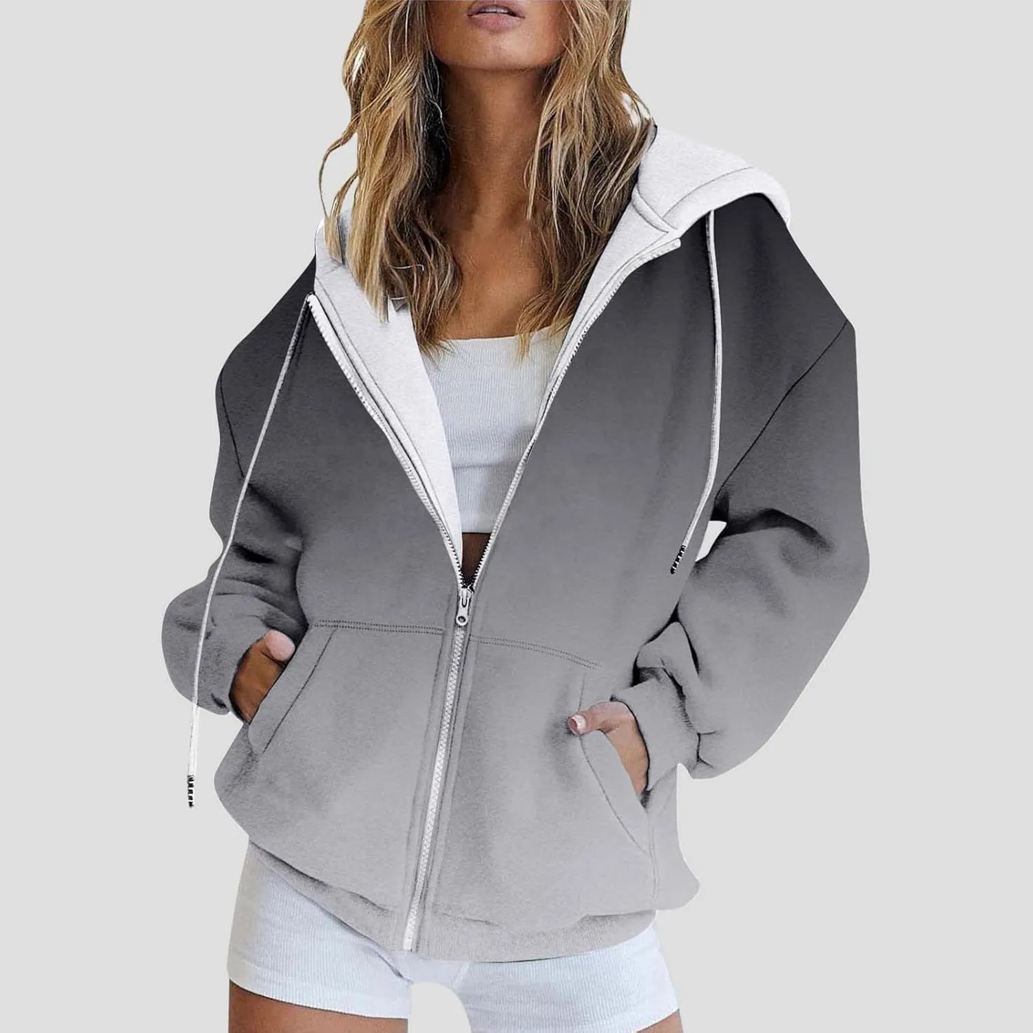 Hoodies for Women Oversized Full Zip Up Clothes Trendy Ombre Tie Dye Hoodies for Women Drawstring Thick Warm Jackets