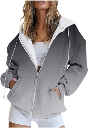 Hoodies for Women Oversized Full Zip Up Clothes Trendy Ombre Tie Dye Hoodies for Women Drawstring Thick Warm Jackets