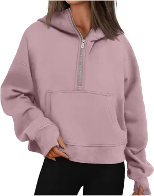 Hoodies for Women Quarter Zip Pullover Cropped Hoodies Long Sleeve Fleece Casual Half Zip Sweatshirts Fall Outfits Clothes